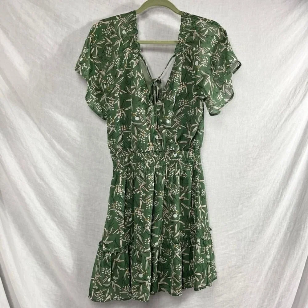 Lush Wrap Top Flutter Sleeve Midi Dres Womens S Sage Green‎ Floral Tiered Ruffle